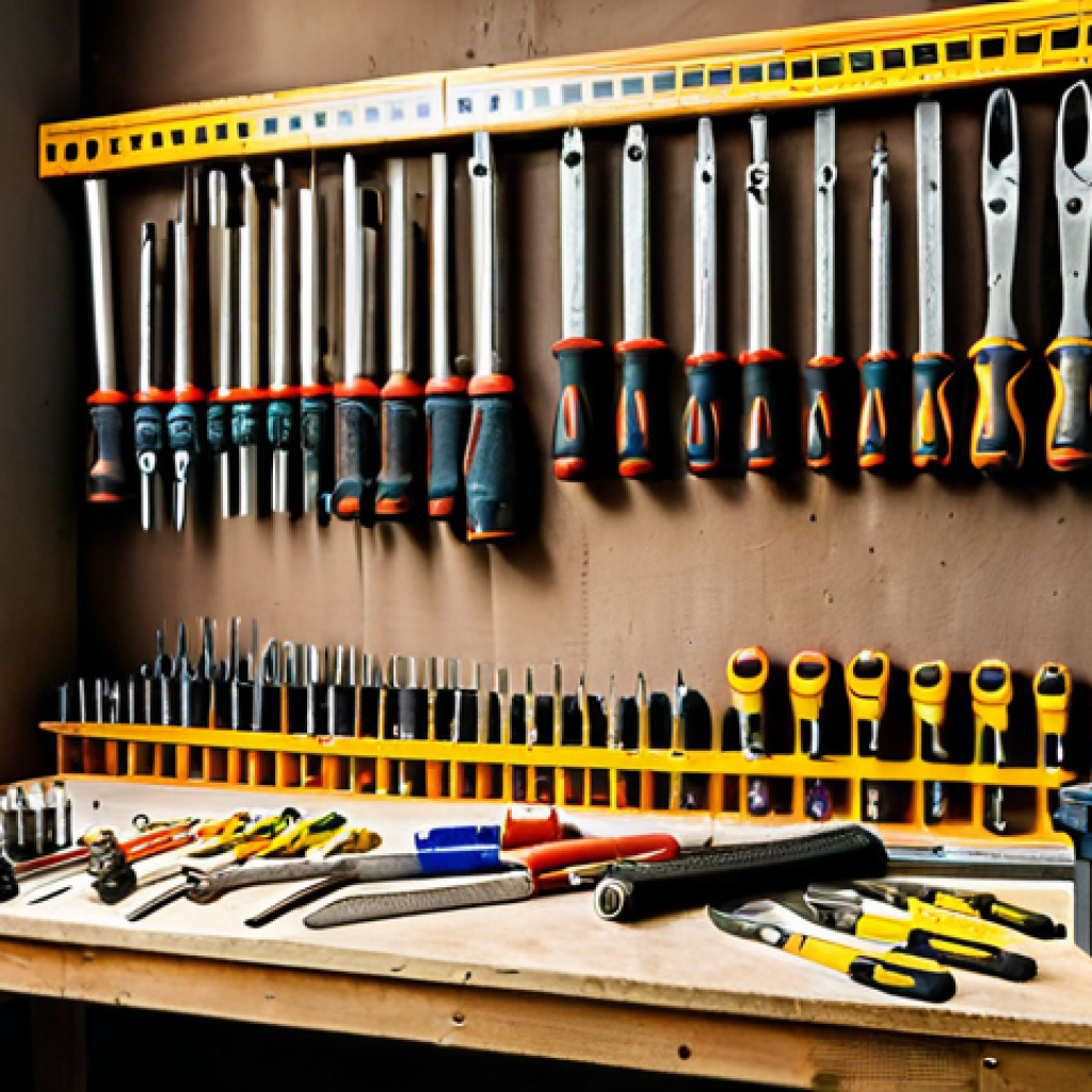 A well-organized workshop in Malaysia with various hand tools (screwdrivers, hammers, measuring tapes) neatly arranged on a workbench. Natural lighting, warm tones, reflecting the DIY culture.