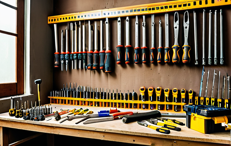 A well-organized workshop in Malaysia with various hand tools (screwdrivers, hammers, measuring tapes) neatly arranged on a workbench. Natural lighting, warm tones, reflecting the DIY culture.