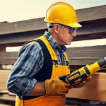 미국산 공구 브랜드 추천 - **Prompt:** "A focused, male construction worker, wearing a hard hat, safety glasses, and durable wo...
