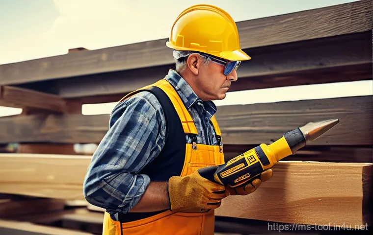 미국산 공구 브랜드 추천 - **Prompt:** "A focused, male construction worker, wearing a hard hat, safety glasses, and durable wo...
