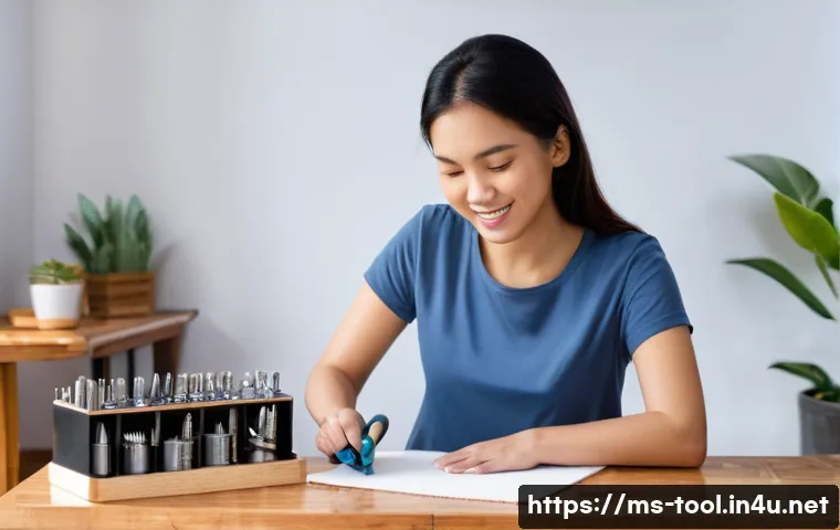 철물점에서 구매할 수 있는 공구 종류 - **Prompt 1: Fixing a Wobbly Table with Confidence**
A young adult Malaysian woman, wearing a mod...